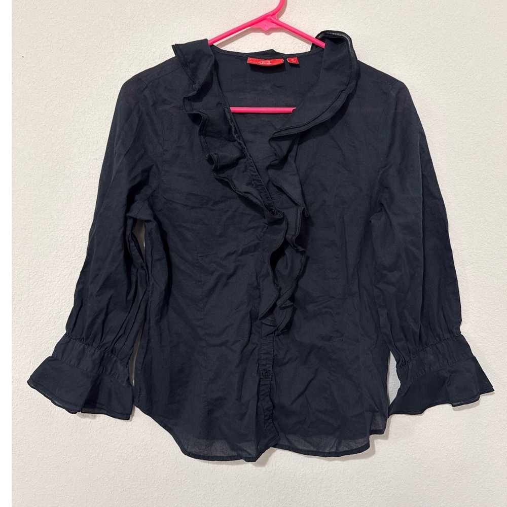 Oscar by Oscar De La Renta Black Ruffle Front Button Up Women's 10 Lightweight‎